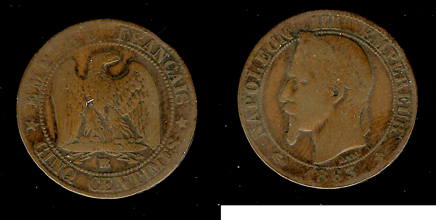 Cinq centimes Napoléon III, tête laurée 1863 Strasbourg TB- à TB
